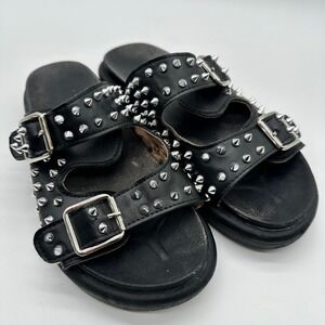 Womens Black Leather Spiked Studded Goth Slide Sandals 9.5 Silver Buckle Punk